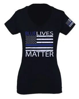 Blue Lives Matter American Flag Thin Blue Line USA Police Support For Women V neck fitted T Shirt