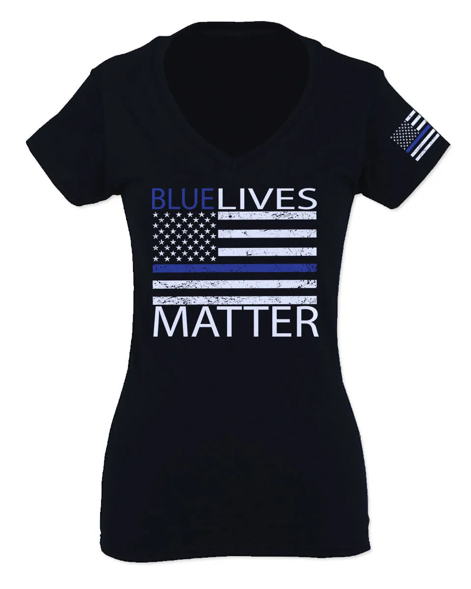 Blue Lives Matter American Flag Thin Blue Line USA Police Support For Women V neck fitted T Shirt