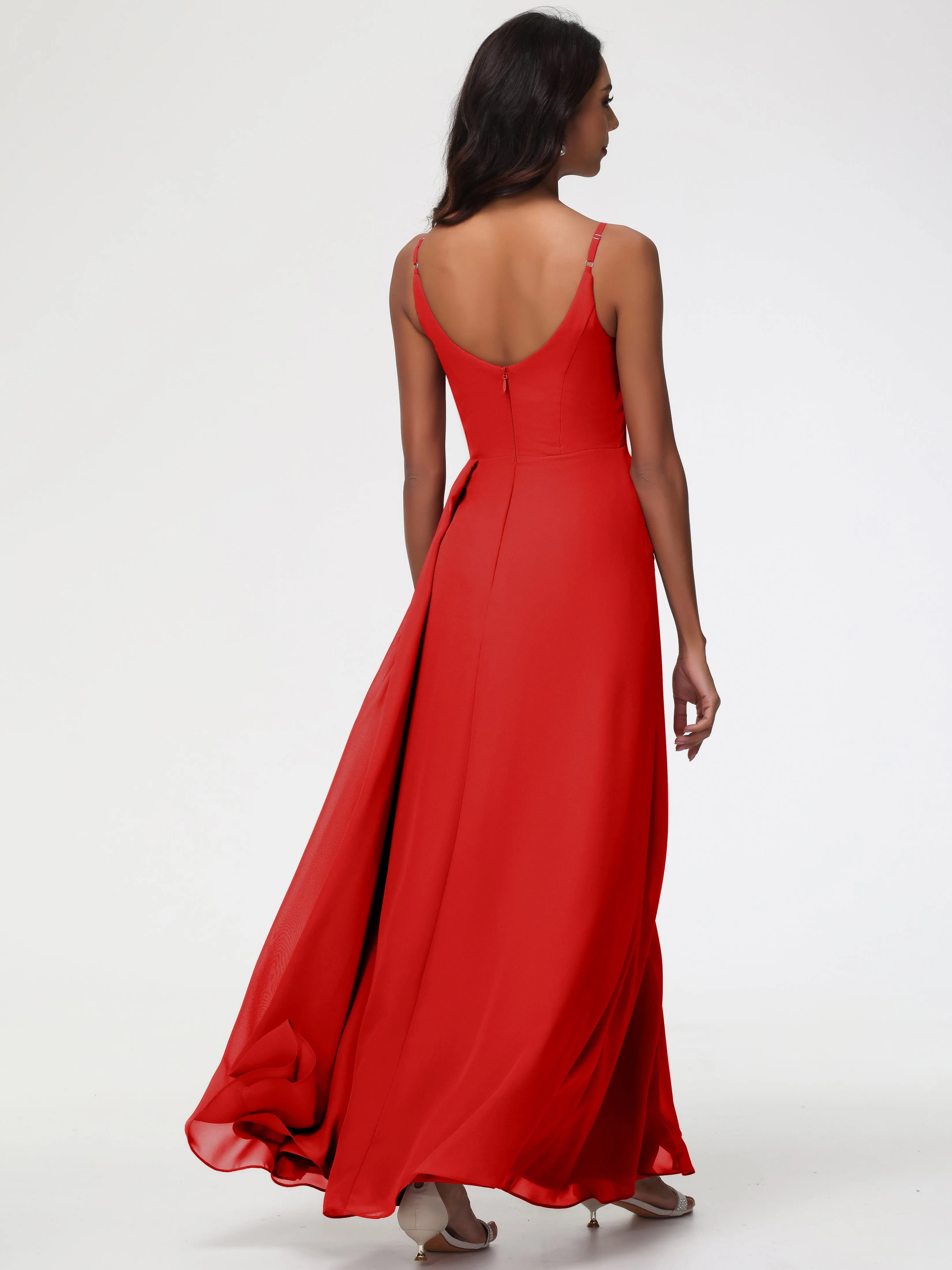 Bridesmaid Dress Red A-Line V-Neck Spaghetti Straps Ruched Chiffon Bridesmaid Dresses With Slit