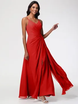 Bridesmaid Dress Red A-Line V-Neck Spaghetti Straps Ruched Chiffon Bridesmaid Dresses With Slit