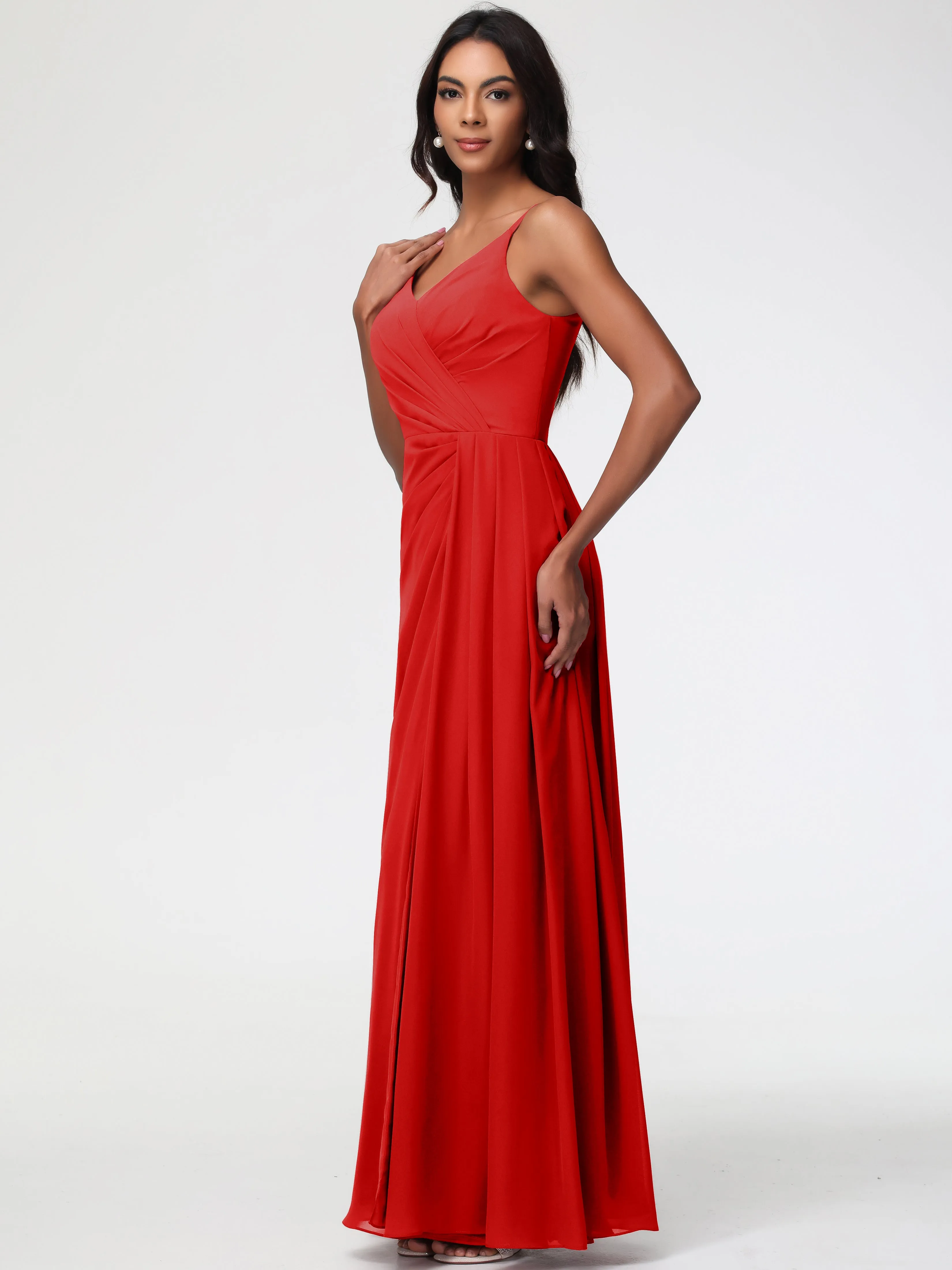 Bridesmaid Dress Red A-Line V-Neck Spaghetti Straps Ruched Chiffon Bridesmaid Dresses With Slit