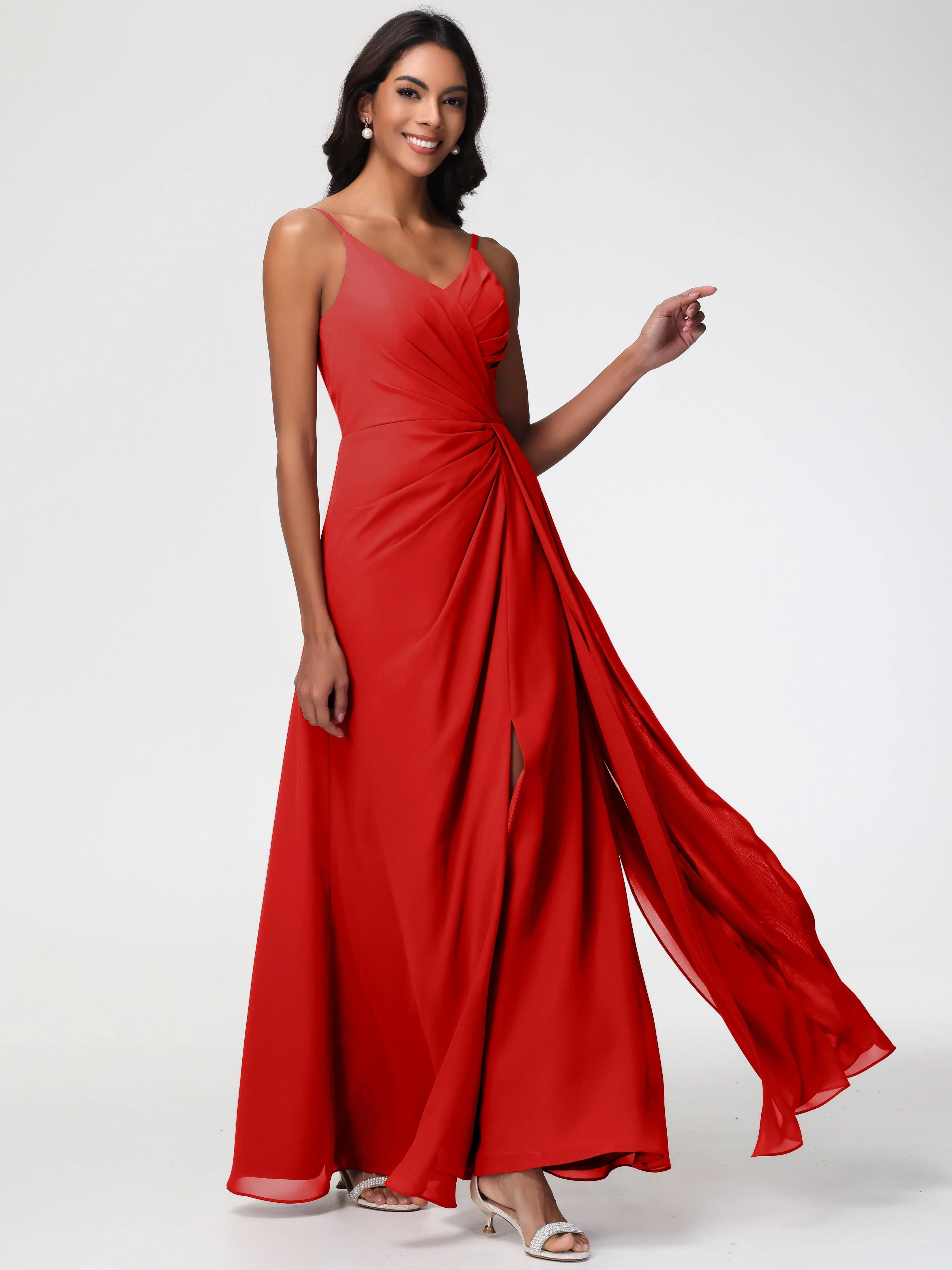 Bridesmaid Dress Red A-Line V-Neck Spaghetti Straps Ruched Chiffon Bridesmaid Dresses With Slit