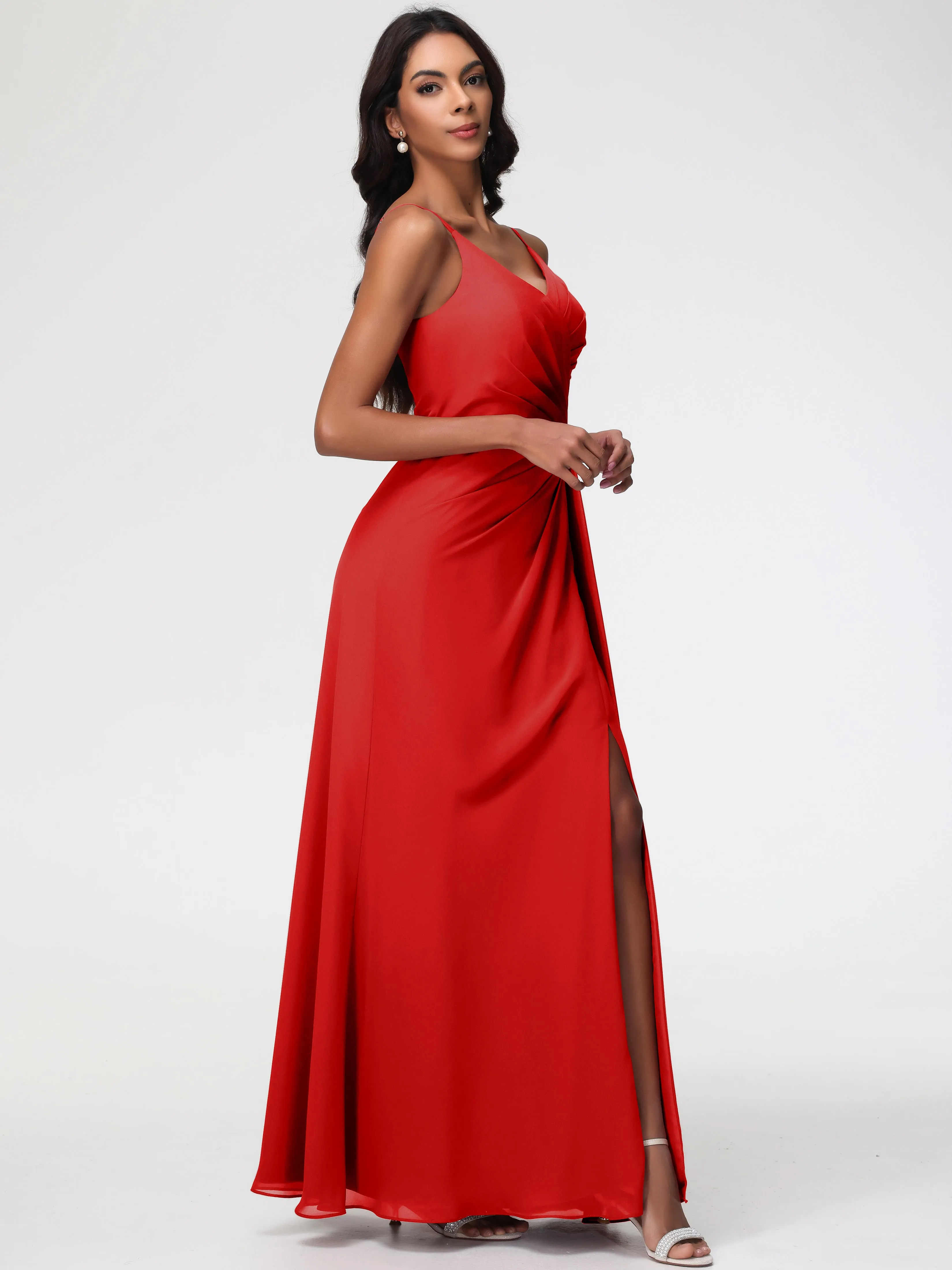 Bridesmaid Dress Red A-Line V-Neck Spaghetti Straps Ruched Chiffon Bridesmaid Dresses With Slit
