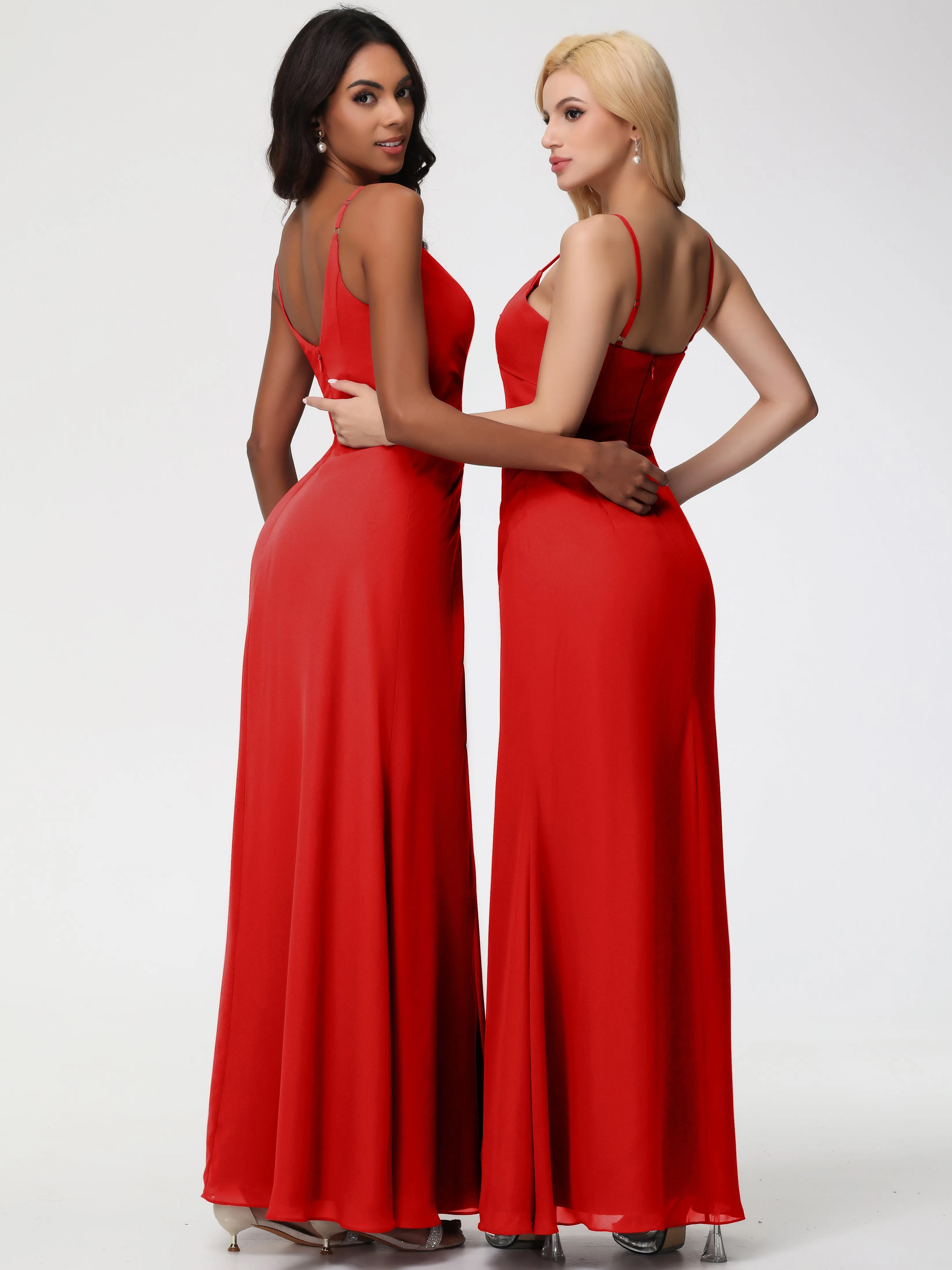Bridesmaid Dress Red A-Line V-Neck Spaghetti Straps Ruched Chiffon Bridesmaid Dresses With Slit