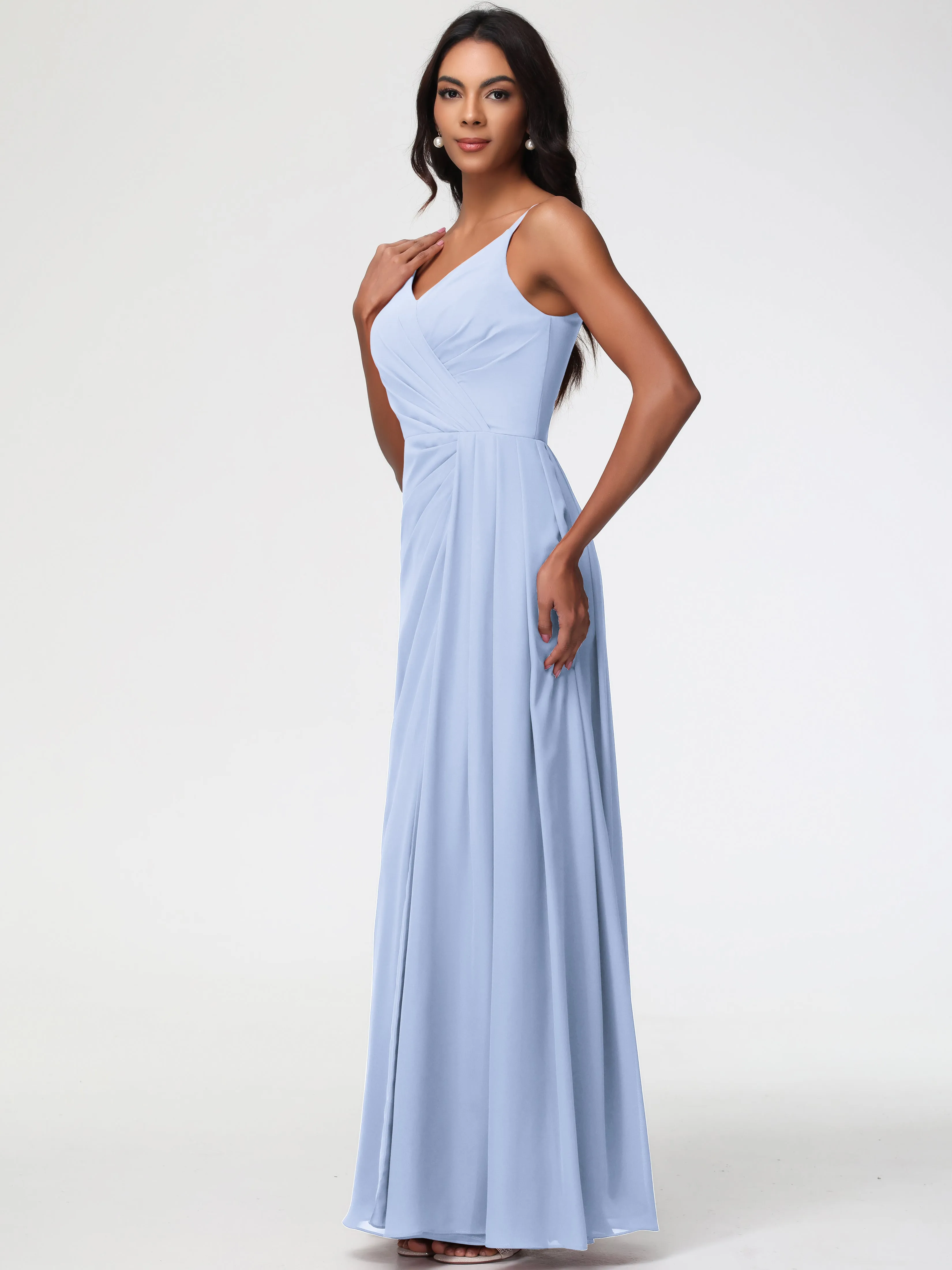 Bridesmaid Dress Sky Blue A-Line V-Neck Spaghetti Straps Ruched Chiffon Bridesmaid Dresses With Slit