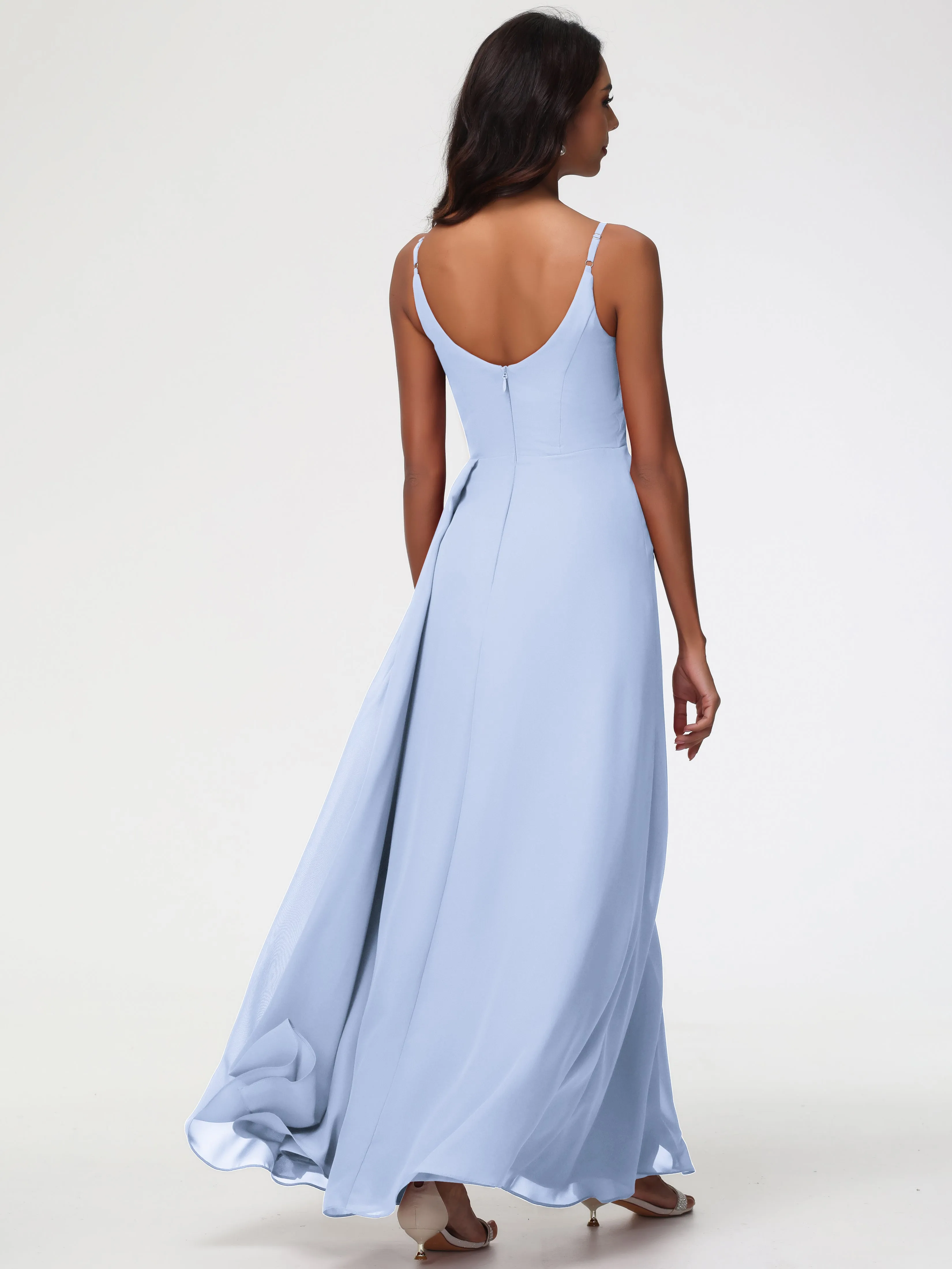 Bridesmaid Dress Sky Blue A-Line V-Neck Spaghetti Straps Ruched Chiffon Bridesmaid Dresses With Slit