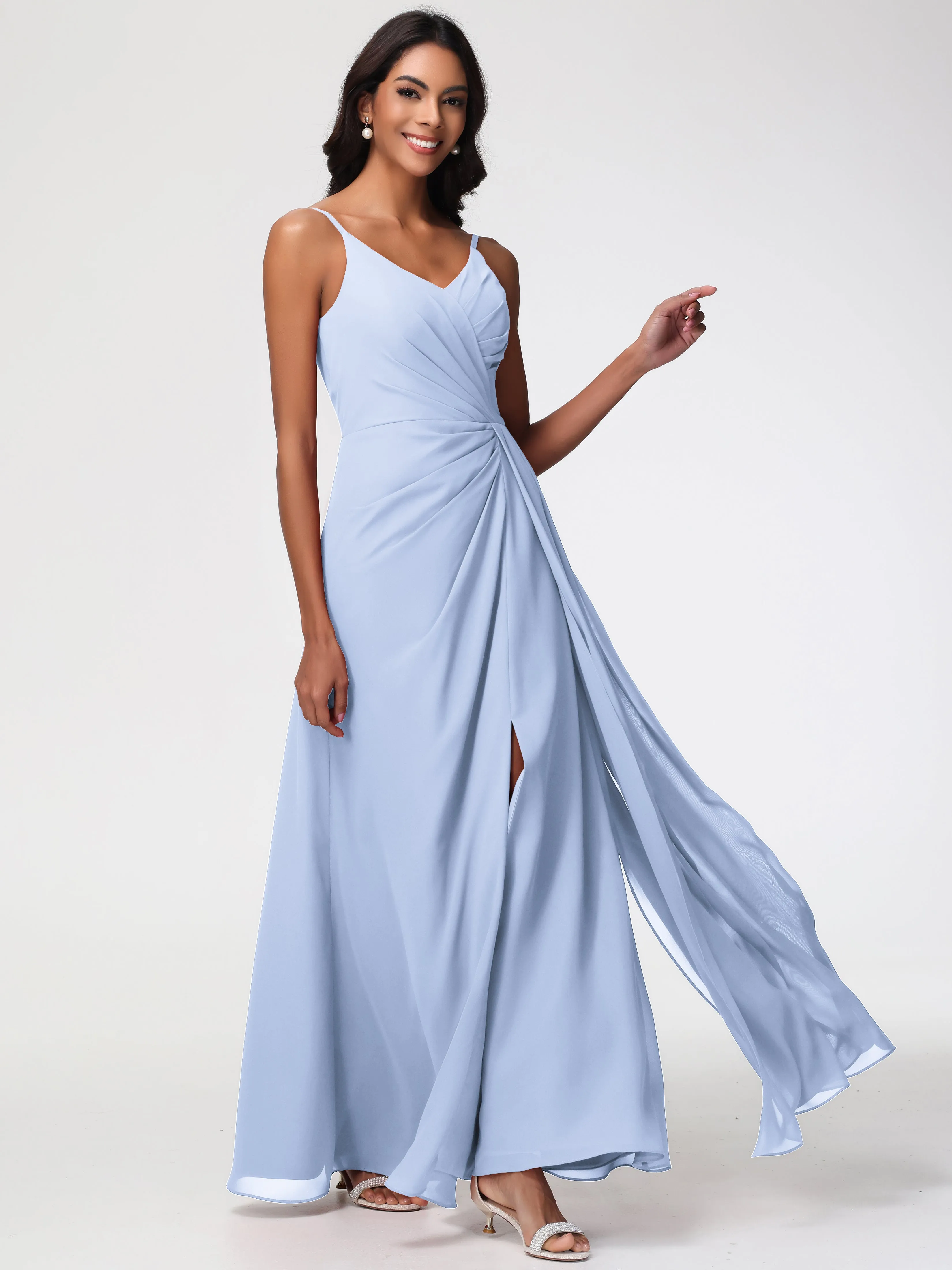 Bridesmaid Dress Sky Blue A-Line V-Neck Spaghetti Straps Ruched Chiffon Bridesmaid Dresses With Slit