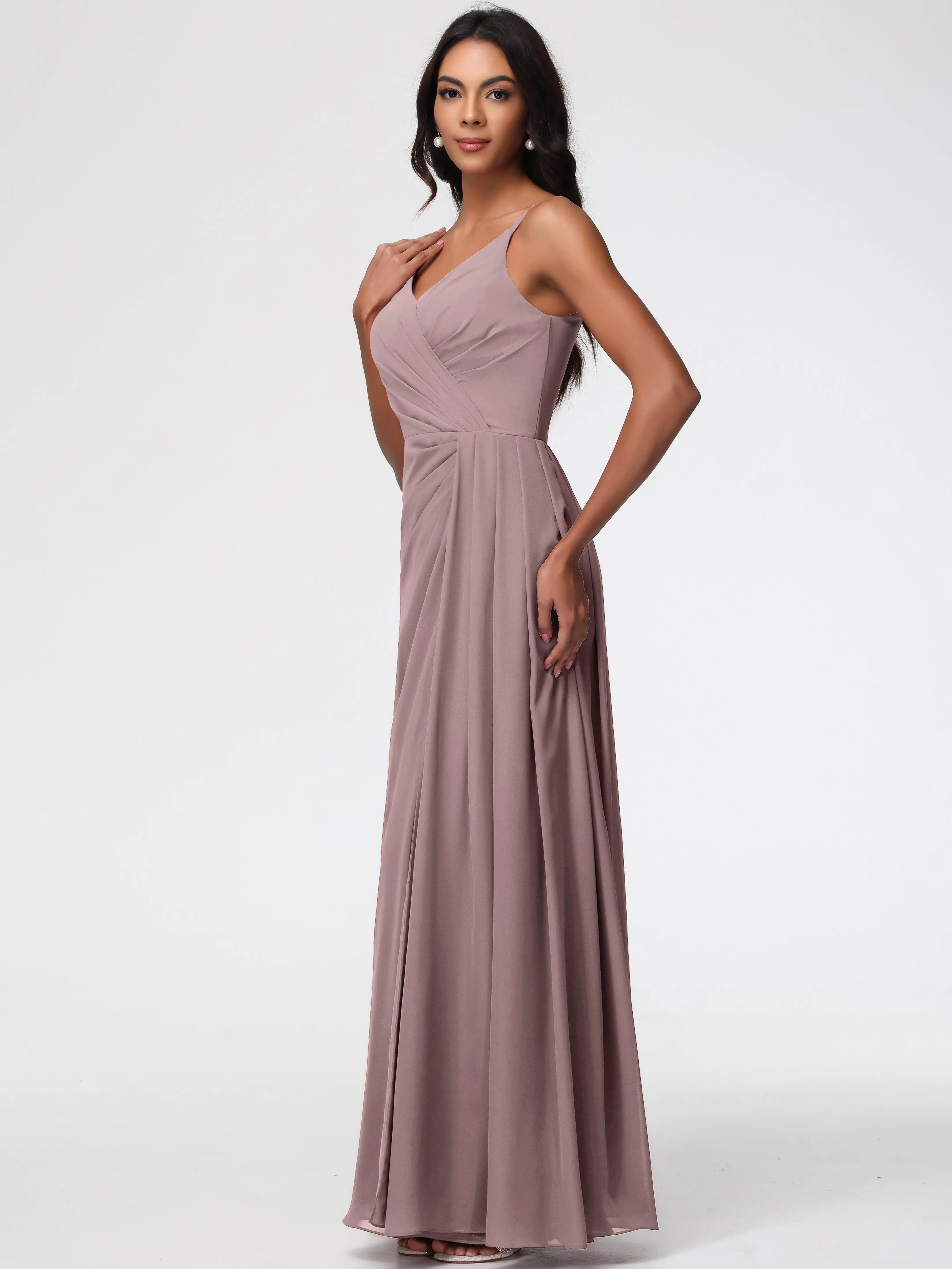 Bridesmaid Dress Vintage A-Line V-Neck Spaghetti Straps Ruched Chiffon Bridesmaid Dresses With Slit