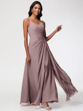 Bridesmaid Dress Vintage A-Line V-Neck Spaghetti Straps Ruched Chiffon Bridesmaid Dresses With Slit