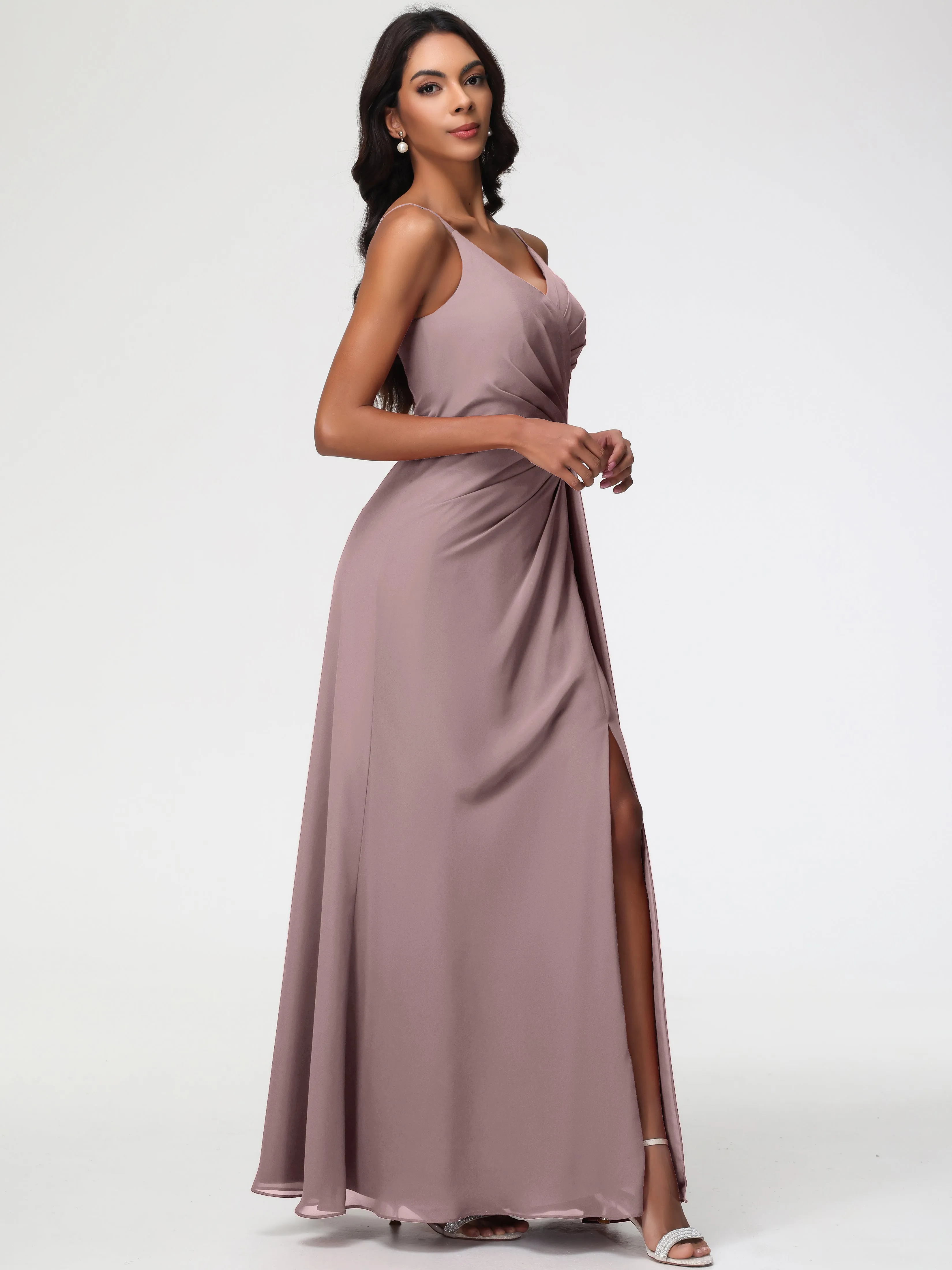 Bridesmaid Dress Vintage A-Line V-Neck Spaghetti Straps Ruched Chiffon Bridesmaid Dresses With Slit