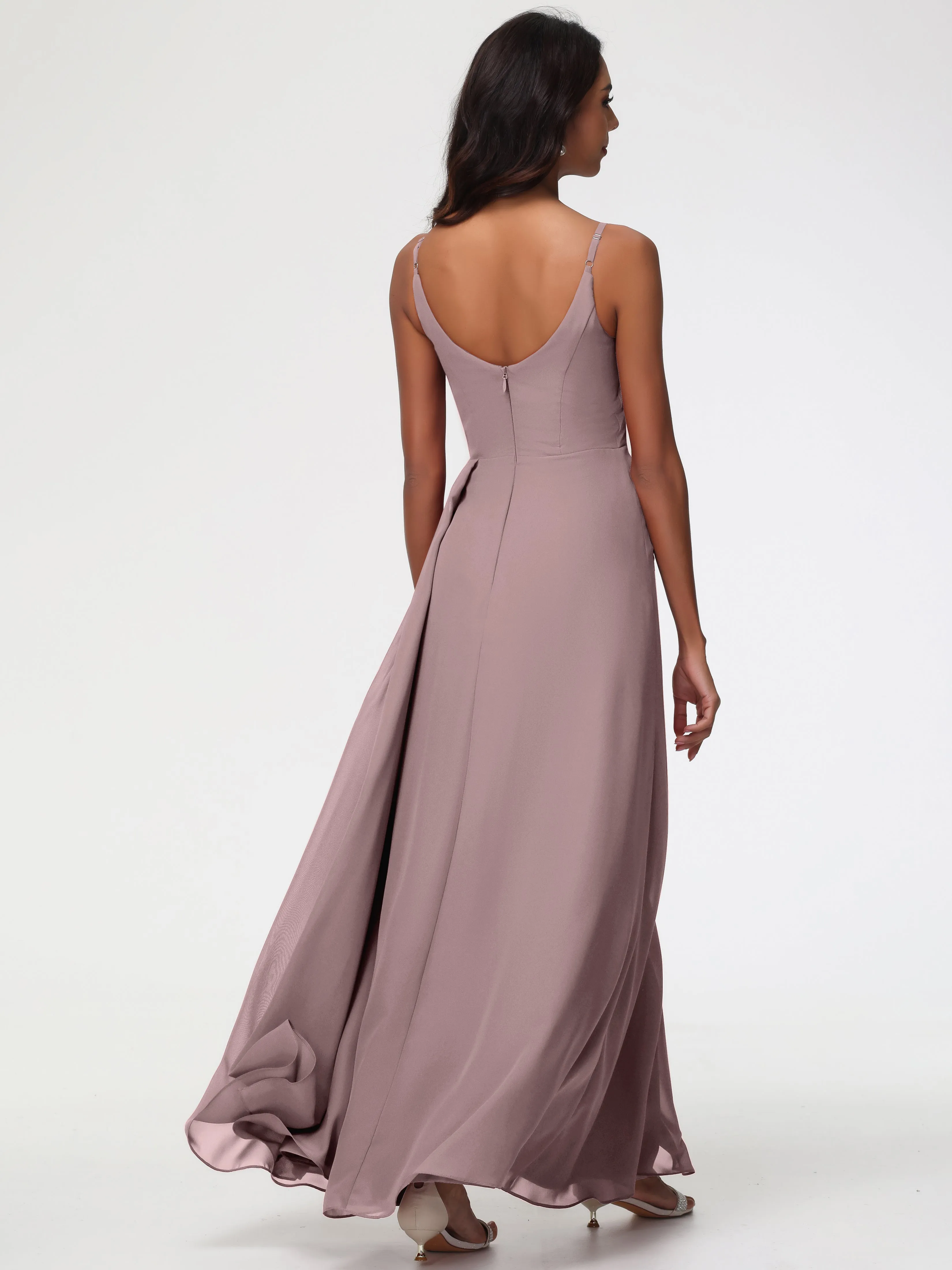 Bridesmaid Dress Vintage A-Line V-Neck Spaghetti Straps Ruched Chiffon Bridesmaid Dresses With Slit