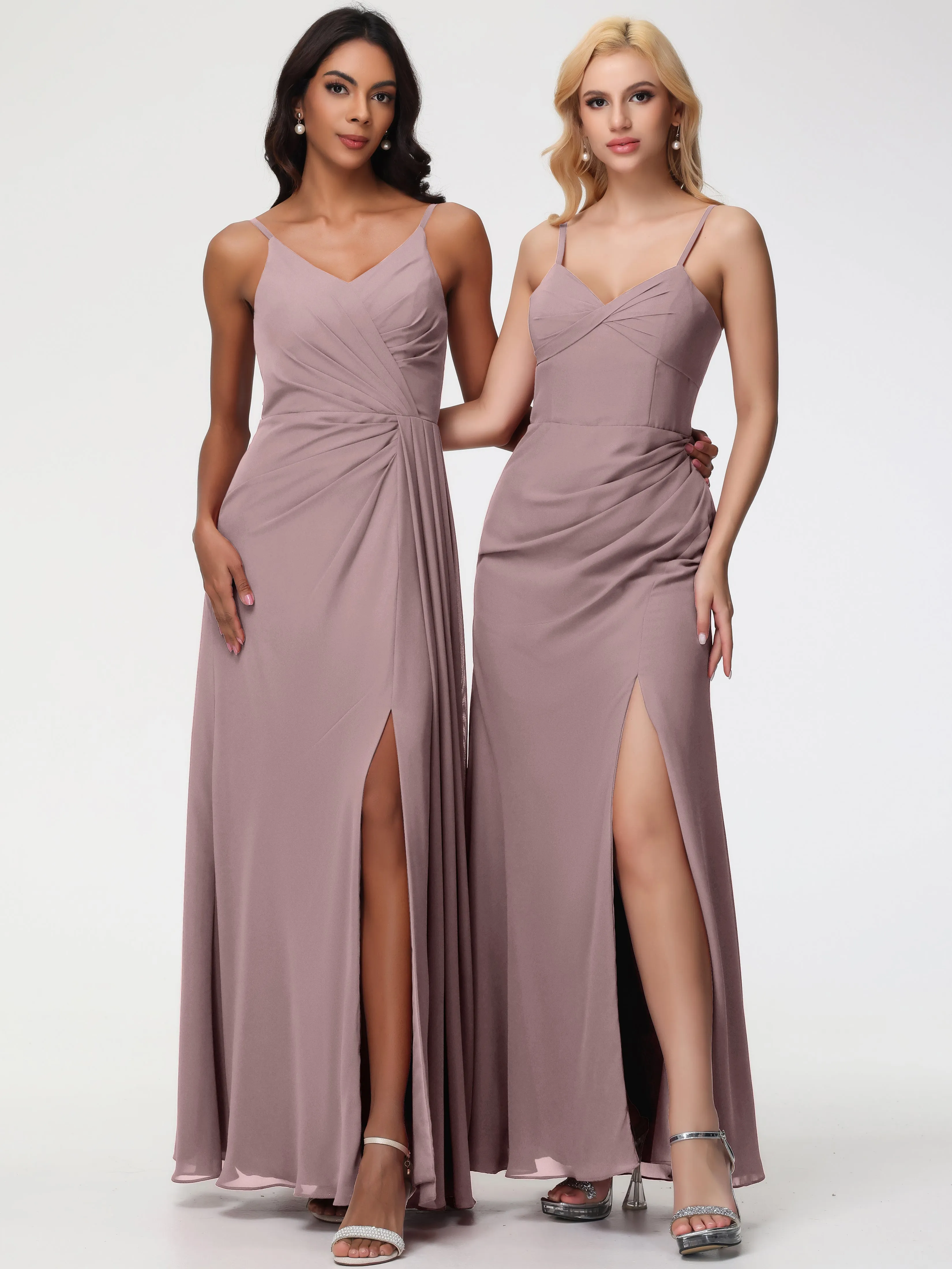 Bridesmaid Dress Vintage A-Line V-Neck Spaghetti Straps Ruched Chiffon Bridesmaid Dresses With Slit