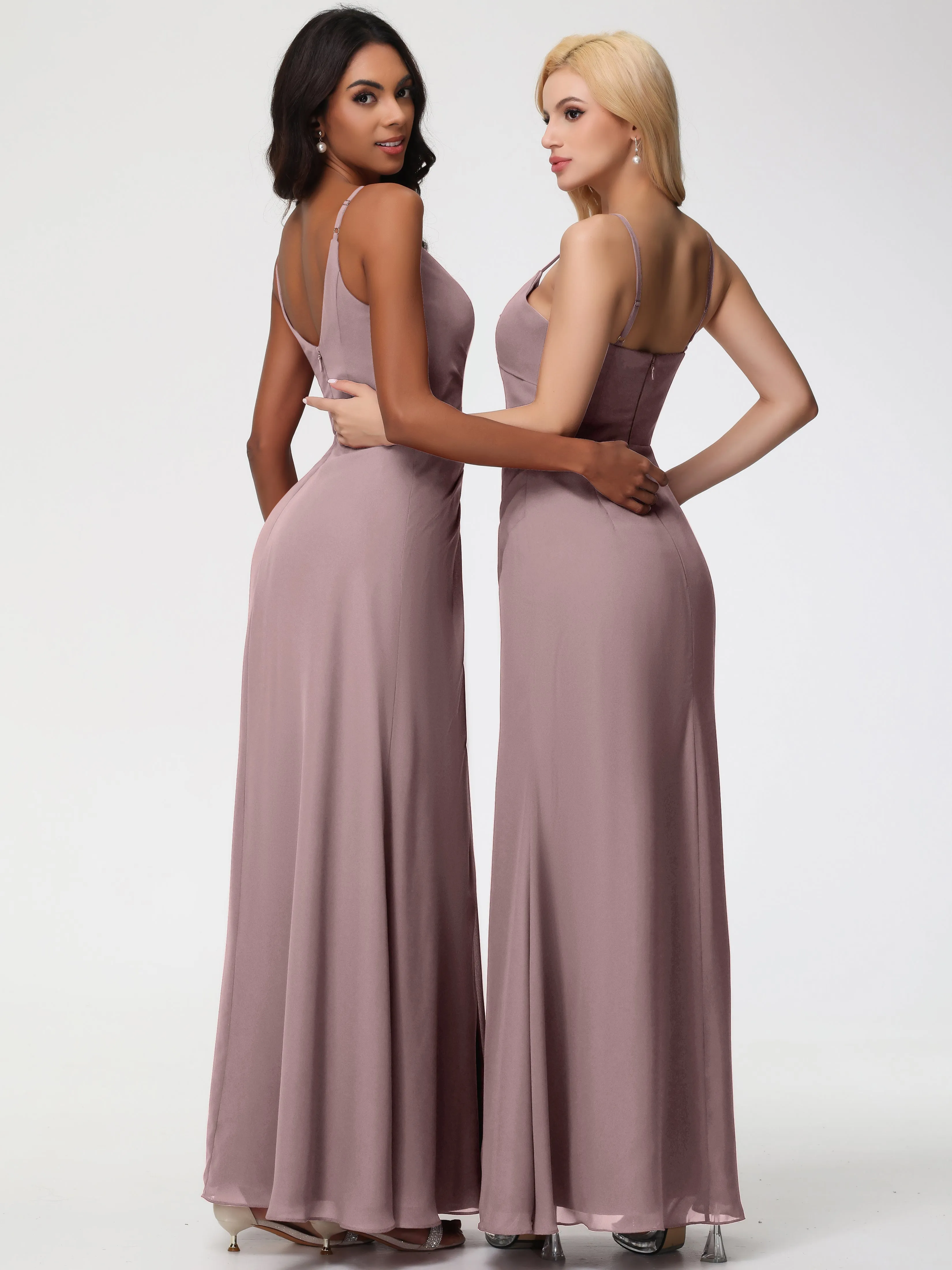 Bridesmaid Dress Vintage A-Line V-Neck Spaghetti Straps Ruched Chiffon Bridesmaid Dresses With Slit