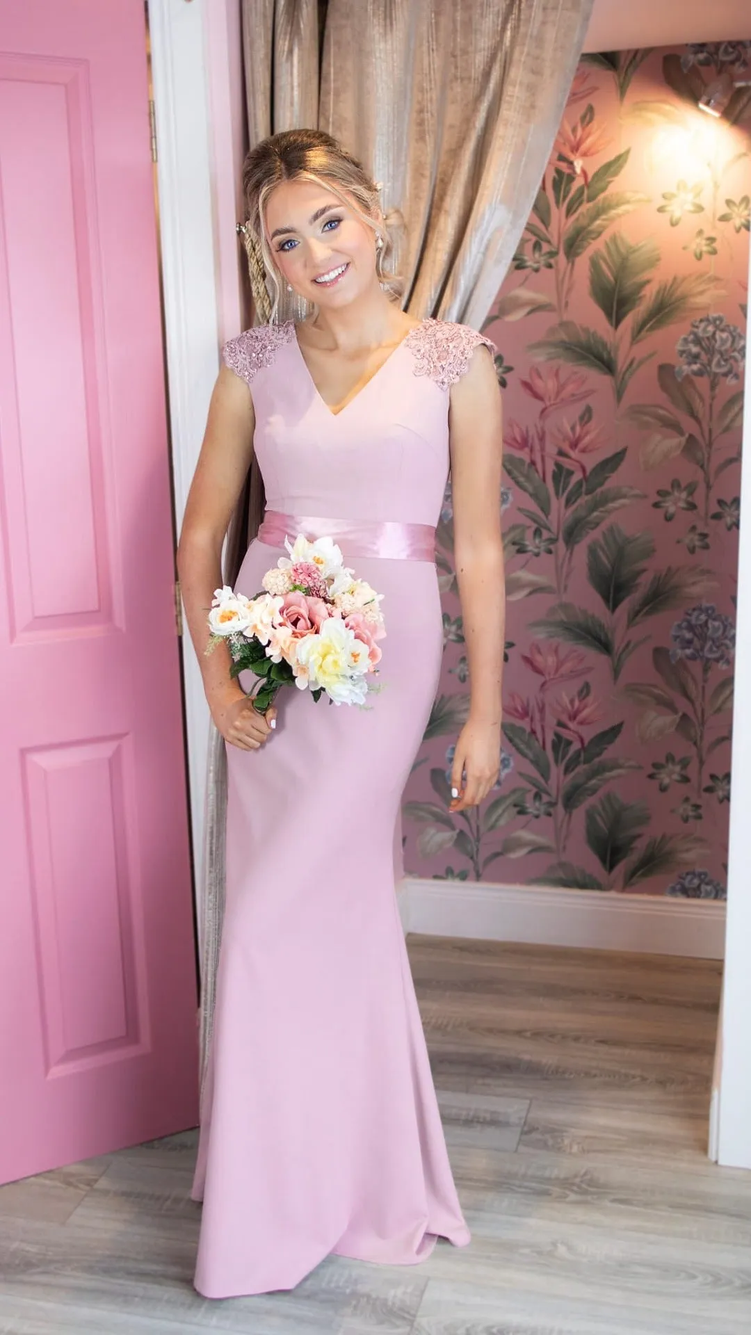 Caroline Pink Laced Deatail Shoulder Caps Bridesmaids Dress