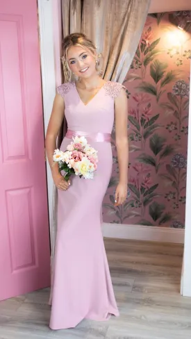 Caroline Pink Laced Deatail Shoulder Caps Bridesmaids Dress