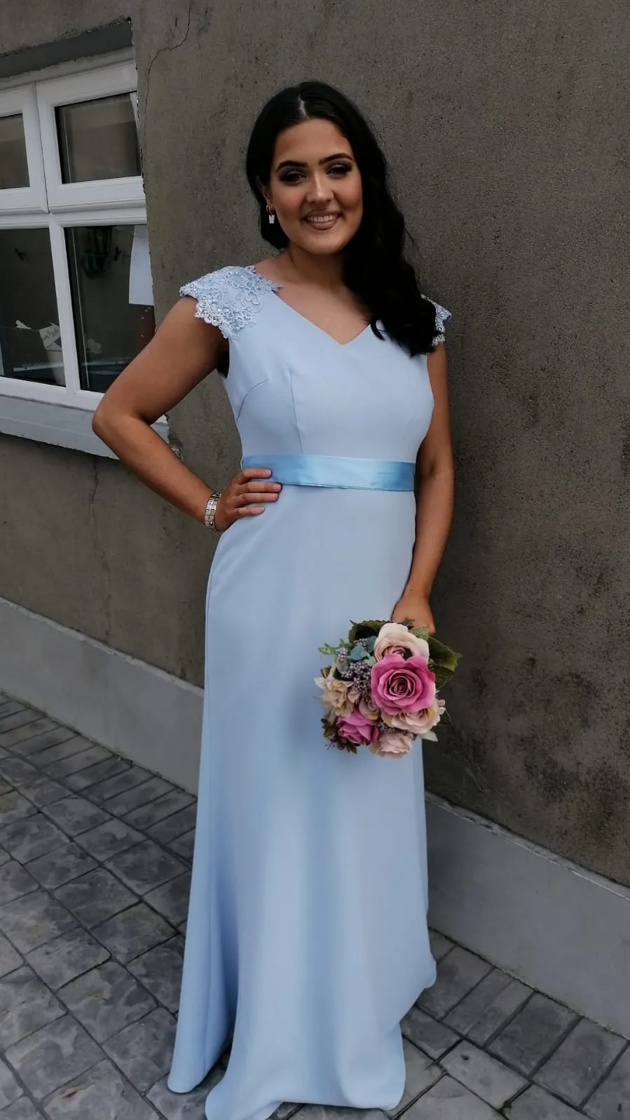 Caroline Powder Sky Blue V Neck Laced Shoulder Cap Bridesmaids Dress