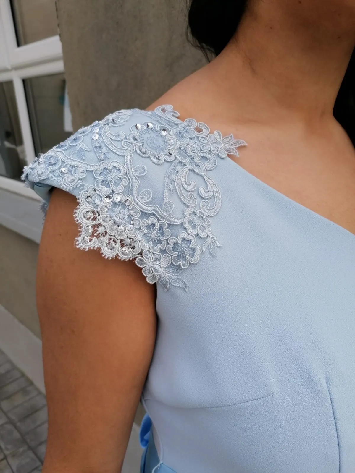Caroline Powder Sky Blue V Neck Laced Shoulder Cap Bridesmaids Dress