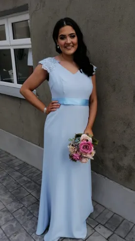 Caroline Powder Sky Blue V Neck Laced Shoulder Cap Bridesmaids Dress