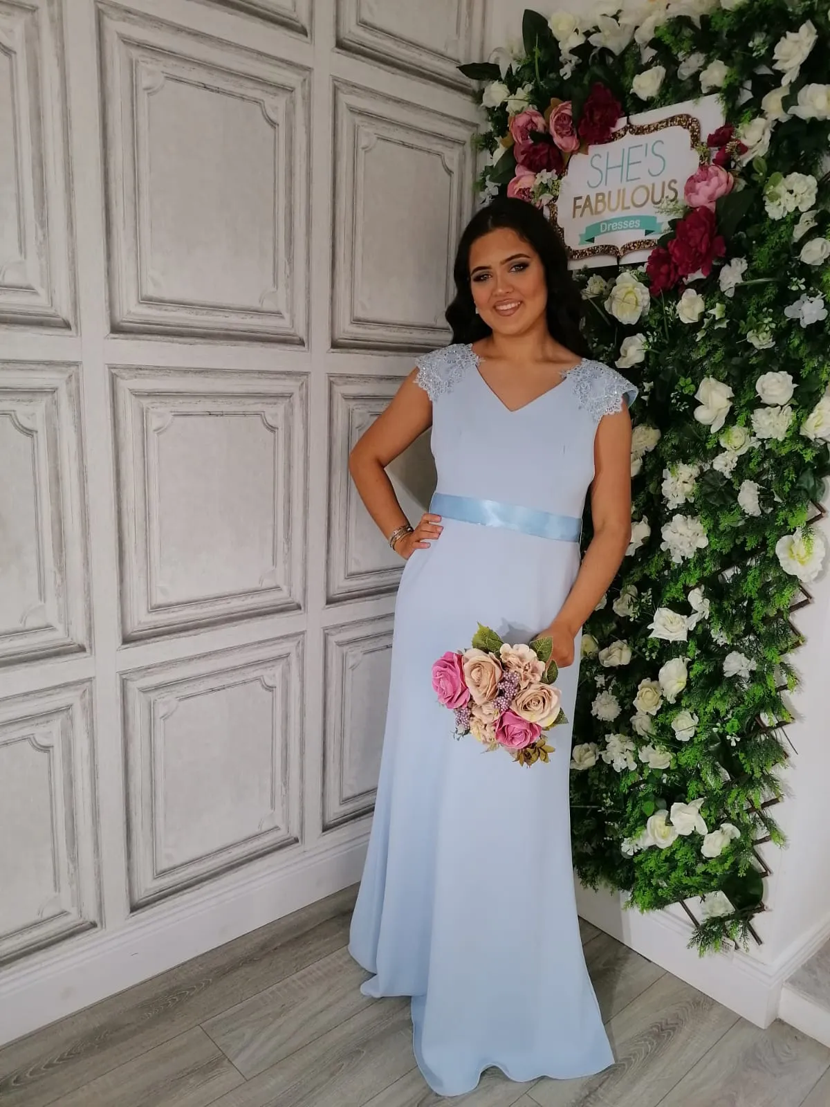 Caroline Powder Sky Blue V Neck Laced Shoulder Cap Sample Bridesmaids Dress