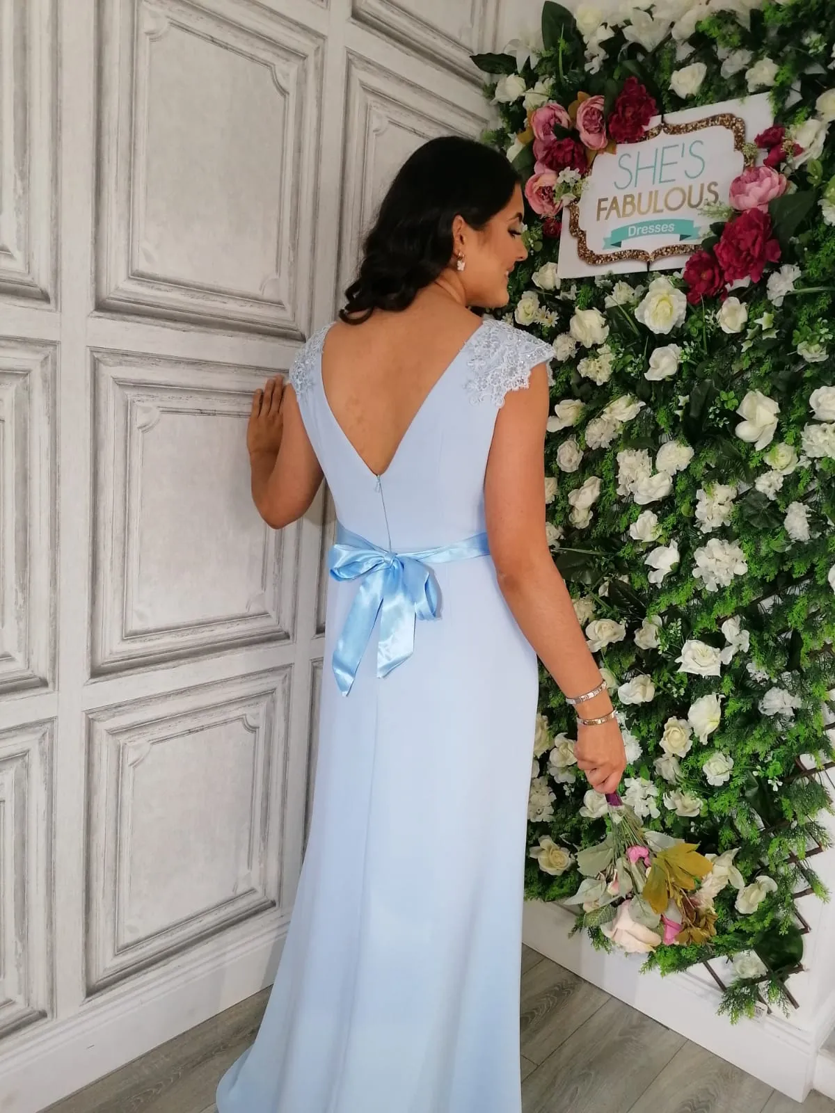 Caroline Powder Sky Blue V Neck Laced Shoulder Cap Sample Bridesmaids Dress