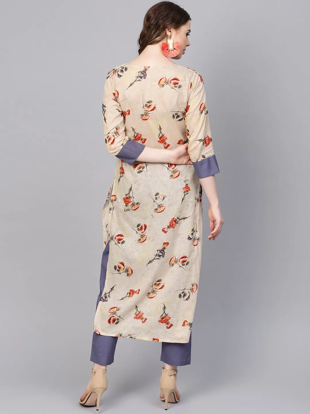 Cream Printed 3/4Th Sleeve Cotton Kurta Set  With Solid Pants