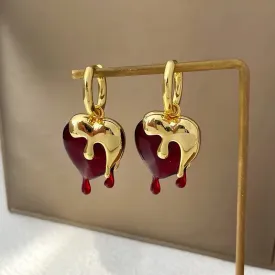 Delicate Vintage Liquid Gold Irregular Red Resin Heart Earrings