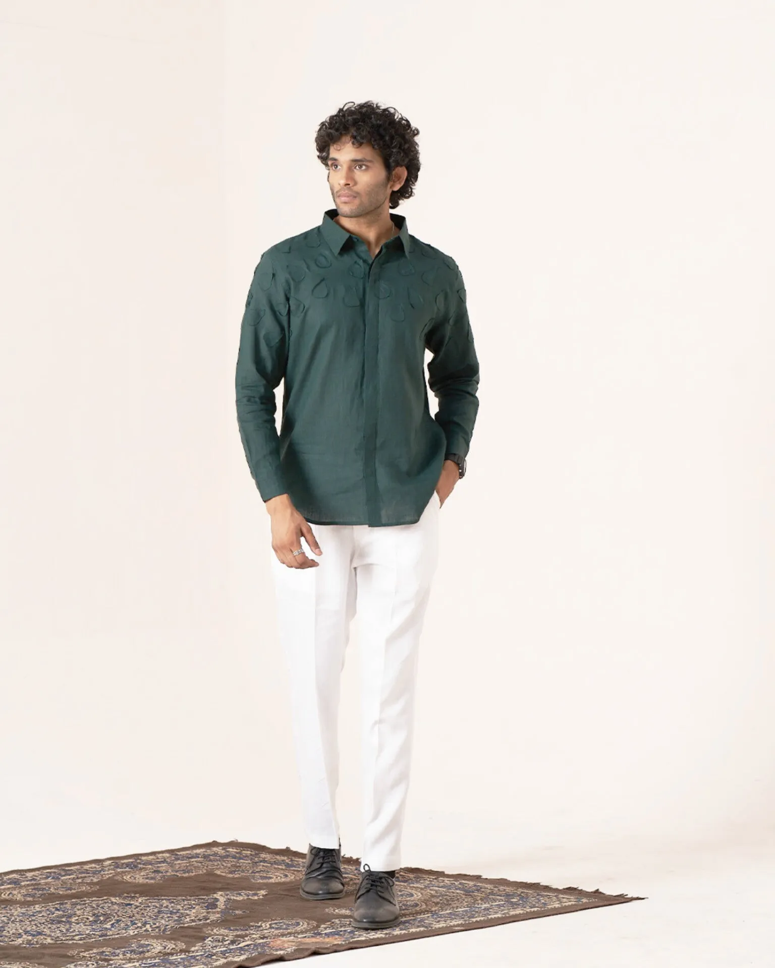 Emerald Leaf Pure Linen Designer Shirt