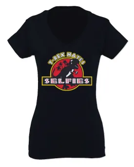 Hilarious Funny Cool Graphic T Rex Dinosaur Hates Selfies no Like For Women V neck fitted T Shirt