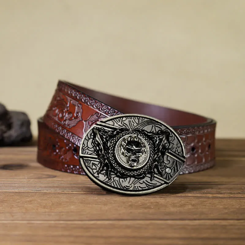 Men's DIY Rotating Skull Hidden Folding Knife Leather Belt