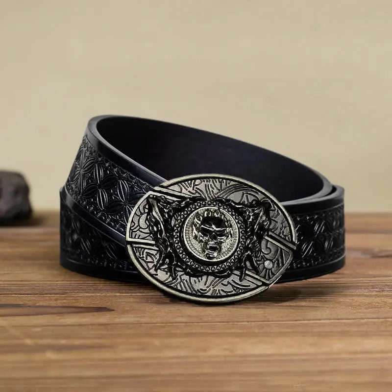 Men's DIY Rotating Skull Hidden Folding Knife Leather Belt