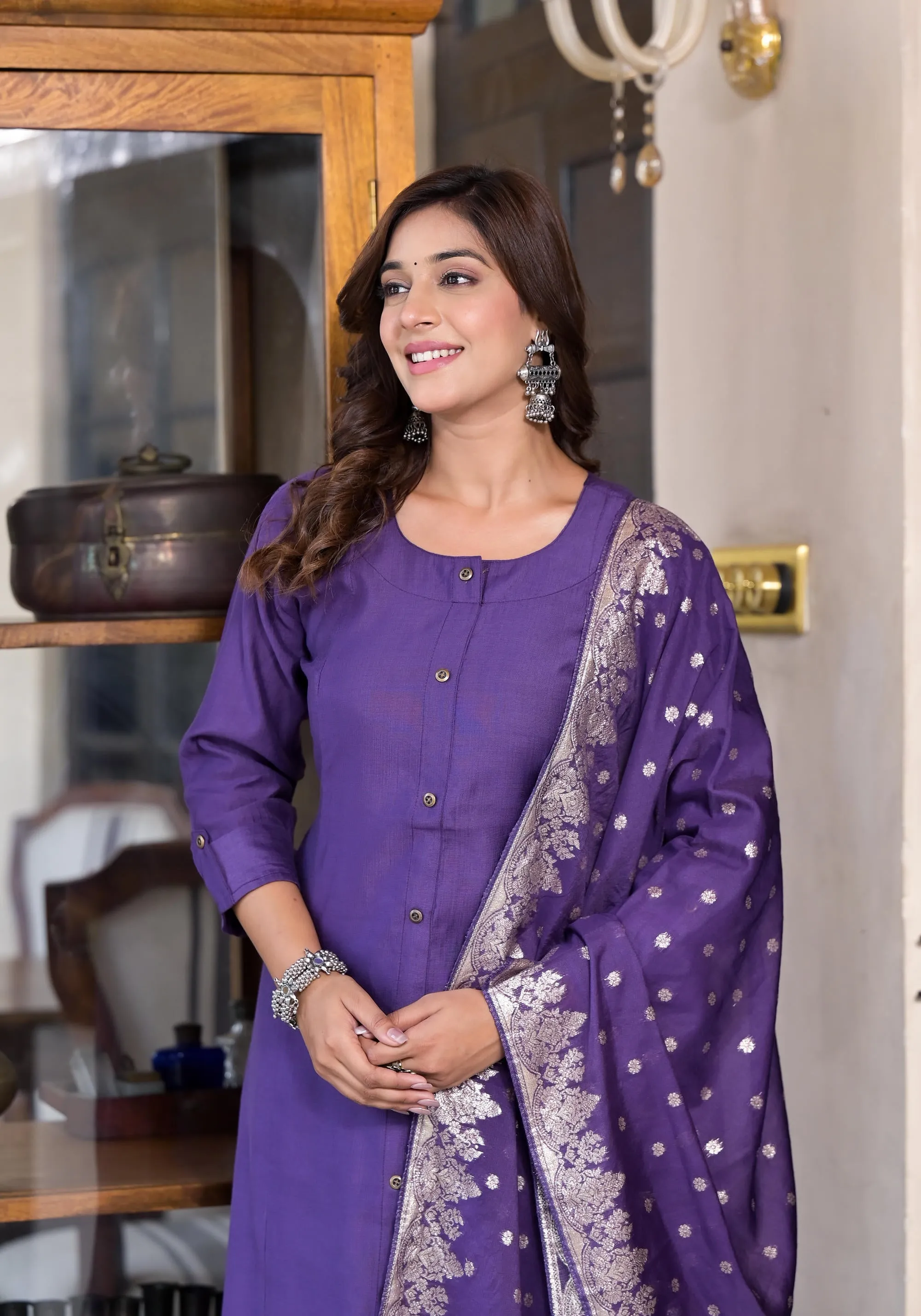 Purple Zari Embroidered Cotton Kurta Set With Button Closure