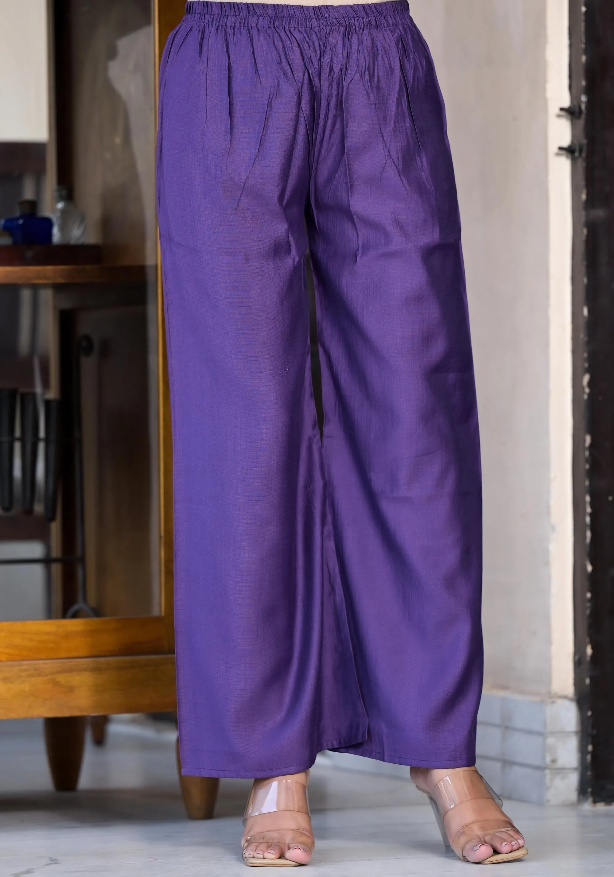 Purple Zari Embroidered Cotton Kurta Set With Button Closure