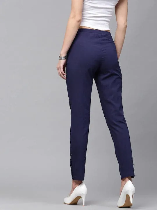 Women Navy Blue Regular Fit Solid Cropped Trousers