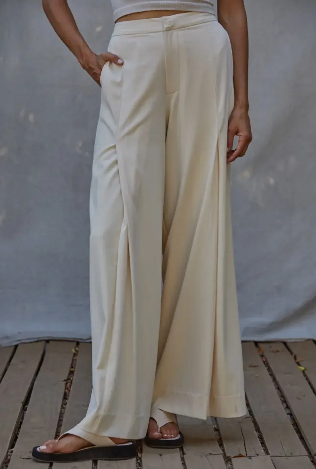 Woven High Waisted Pants Wide Leg Trouser In Creme By Together
